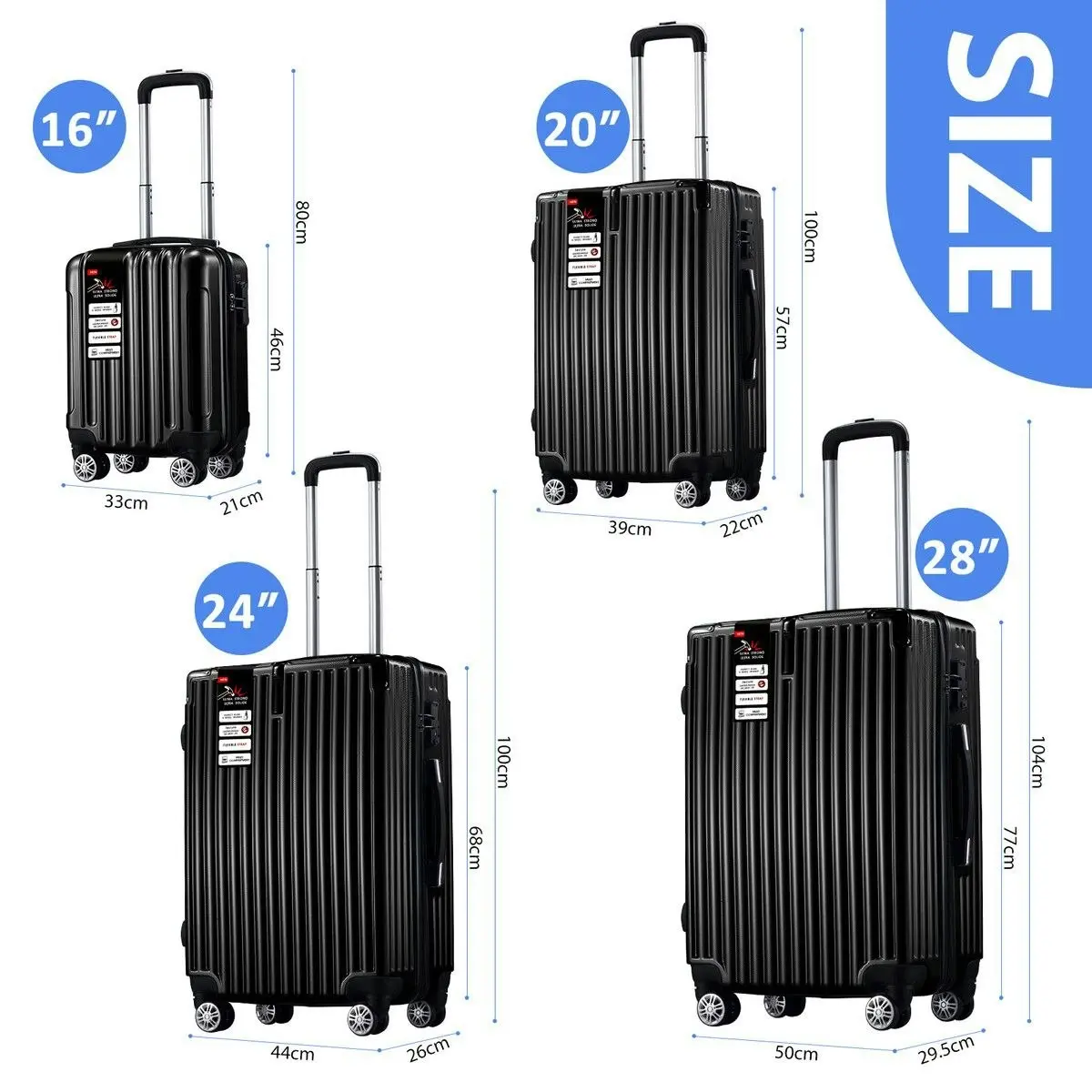 Buon Viaggio 4 Piece Luggage Set Carry On Traveller Suitcases Hard Shell Rolling Trolley Checked Bag TSA Lock Front Hook Lightweight Black