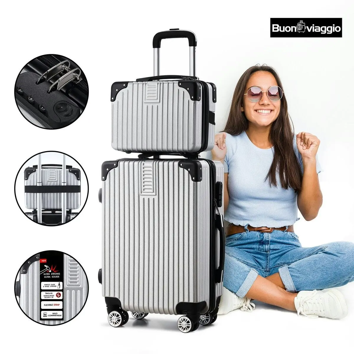 Buon Viaggio 2 Piece Luggage Set Carry On Travel Suitcases Hard Shell Lightweight Traveller Checked Rolling Travelling Trolley Vanity Bag