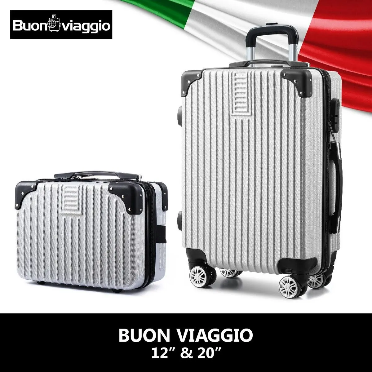 Buon Viaggio 2 Piece Luggage Set Carry On Travel Suitcases Hard Shell Lightweight Traveller Checked Rolling Travelling Trolley Vanity Bag