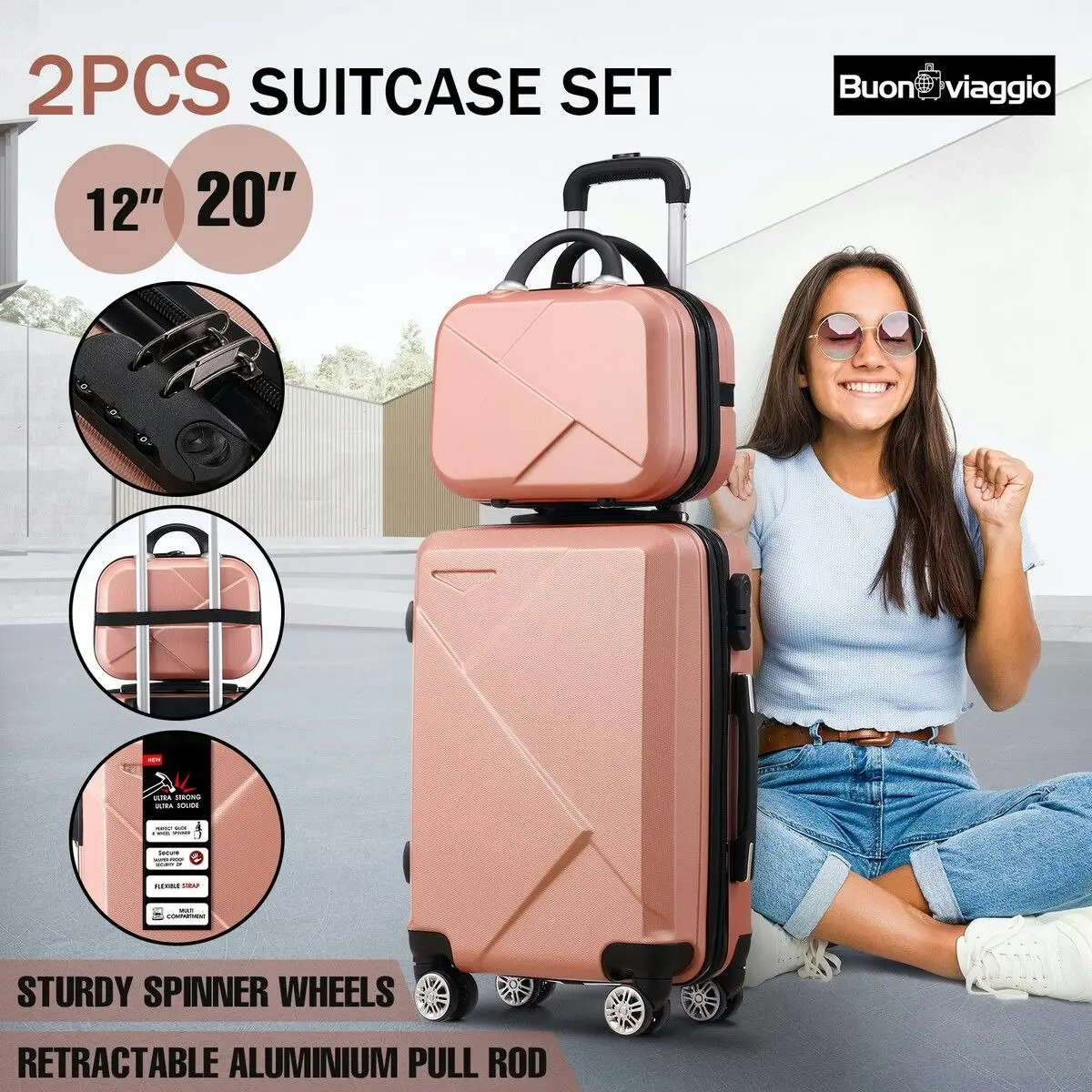 Ausway 2 Piece Luggage Set Travel Carry On Hard Shell Suitcases Traveller Rolling Travelling Checked Trolley Vanity Bag Lightweight