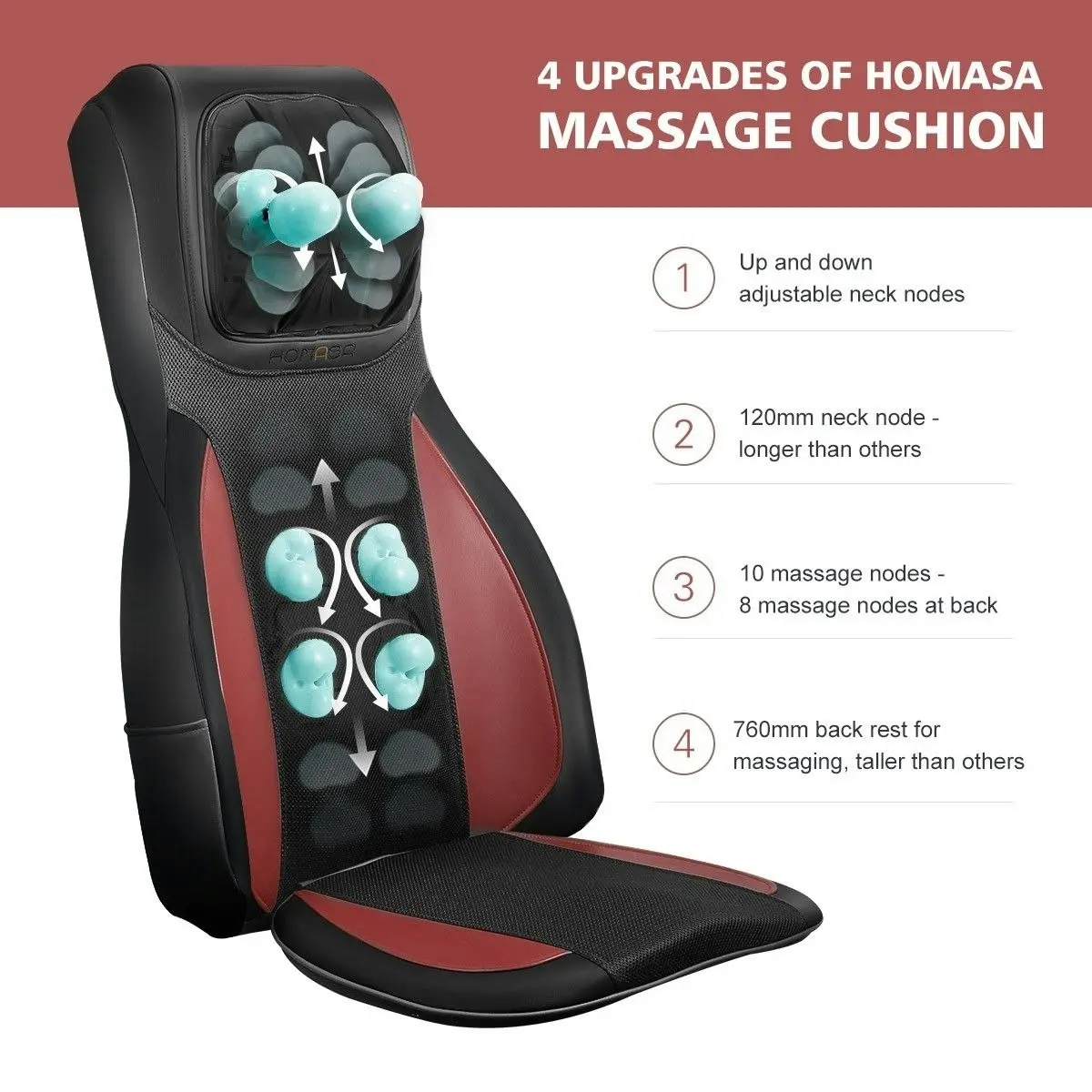 HOMASA Full Body Neck Back Massager Shiatsu Massage Chair Car Seat Cushion Red