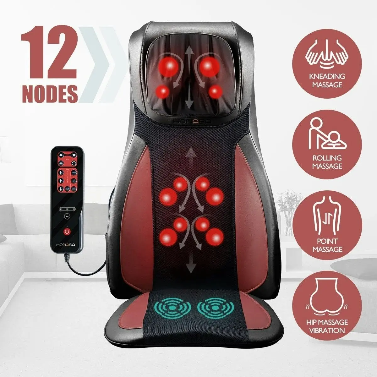 HOMASA Full Body Neck Back Massager Shiatsu Massage Chair Car Seat Cushion Red