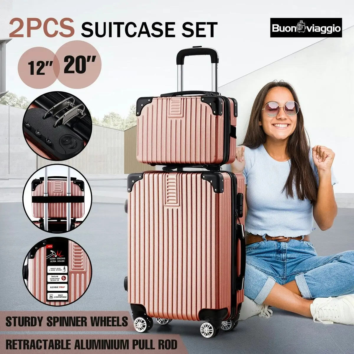 Buon Viaggio 2 Piece Luggage Set Carry On Hard Shell Travel Suitcases Traveller Checked Lightweight Rolling Trolley Vanity Bag