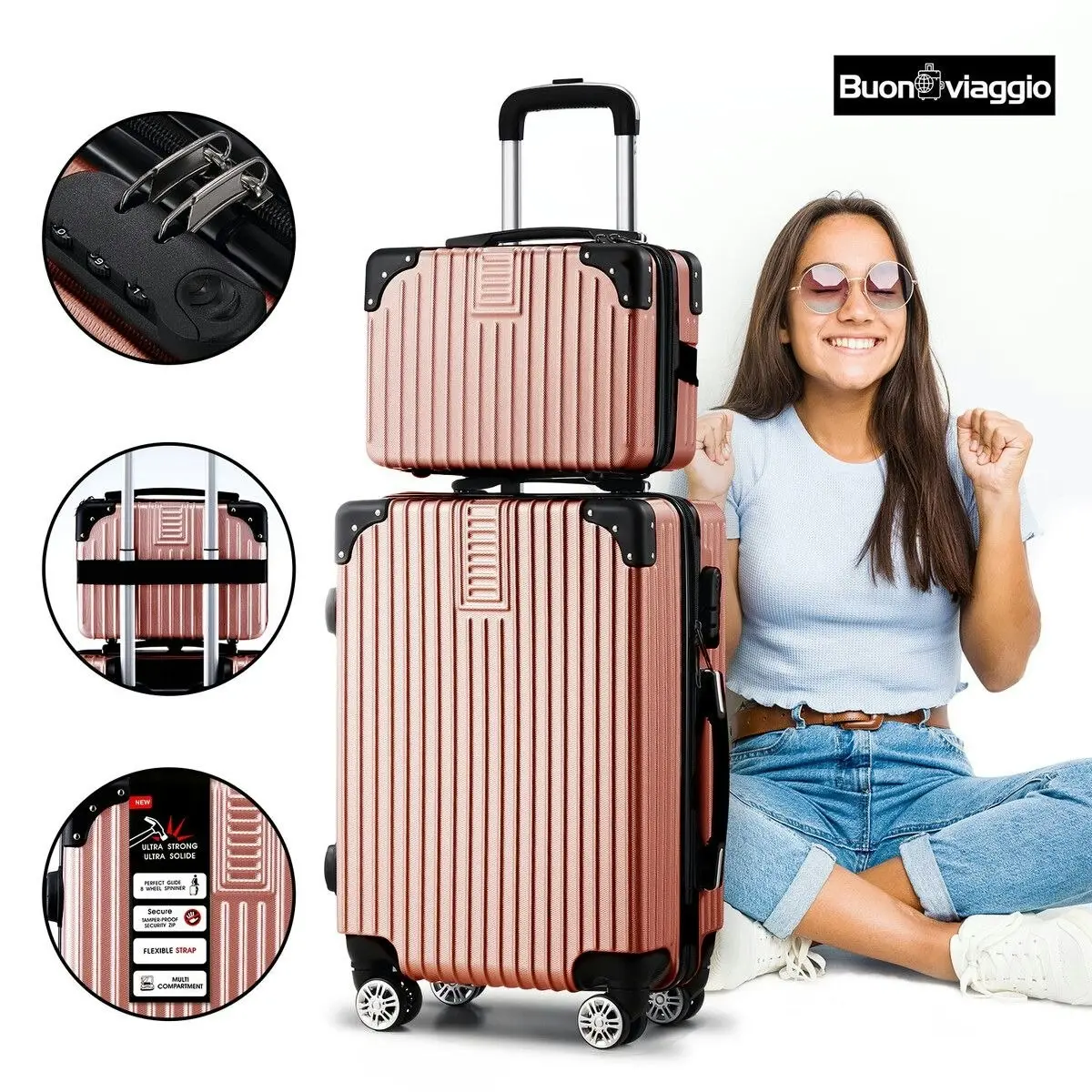 Buon Viaggio 2 Piece Luggage Set Carry On Hard Shell Travel Suitcases Traveller Checked Lightweight Rolling Trolley Vanity Bag