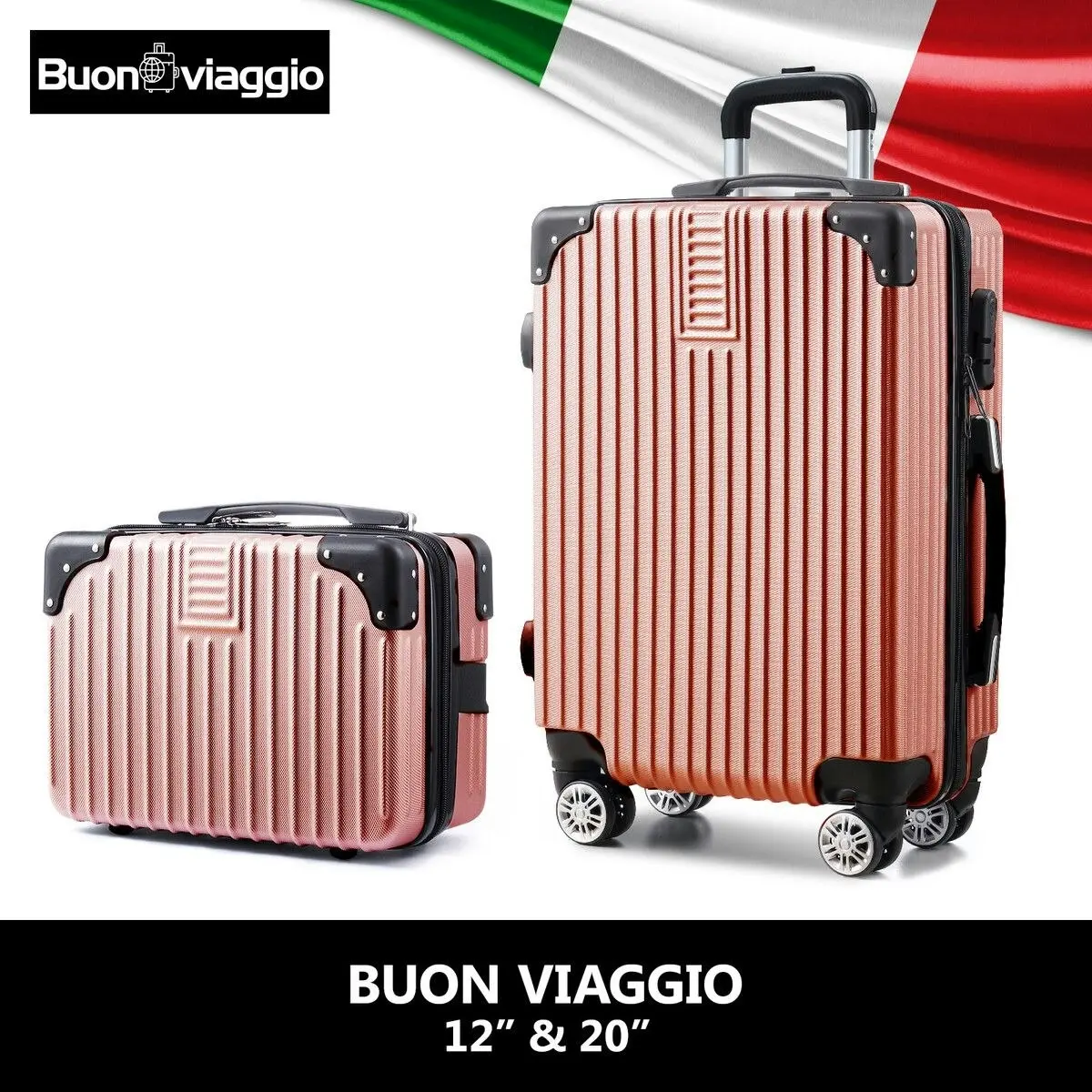 Buon Viaggio 2 Piece Luggage Set Carry On Hard Shell Travel Suitcases Traveller Checked Lightweight Rolling Trolley Vanity Bag