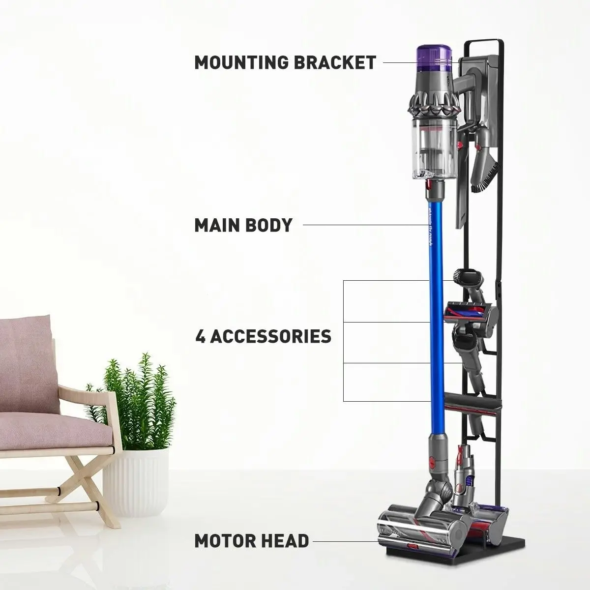 Ausway Dyson Vacuum Stand Rack Cleaner Accessories Holder Free Standing V6 V7 V8 V10 V11 V12 V15 Black