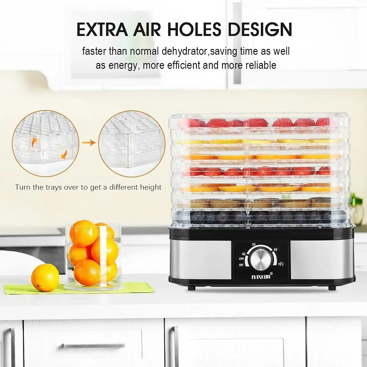 Maxkon Food Dehydrator Fruit Meat Dryer Beef Jerky Maker with 7 Adjustable Trays   Black