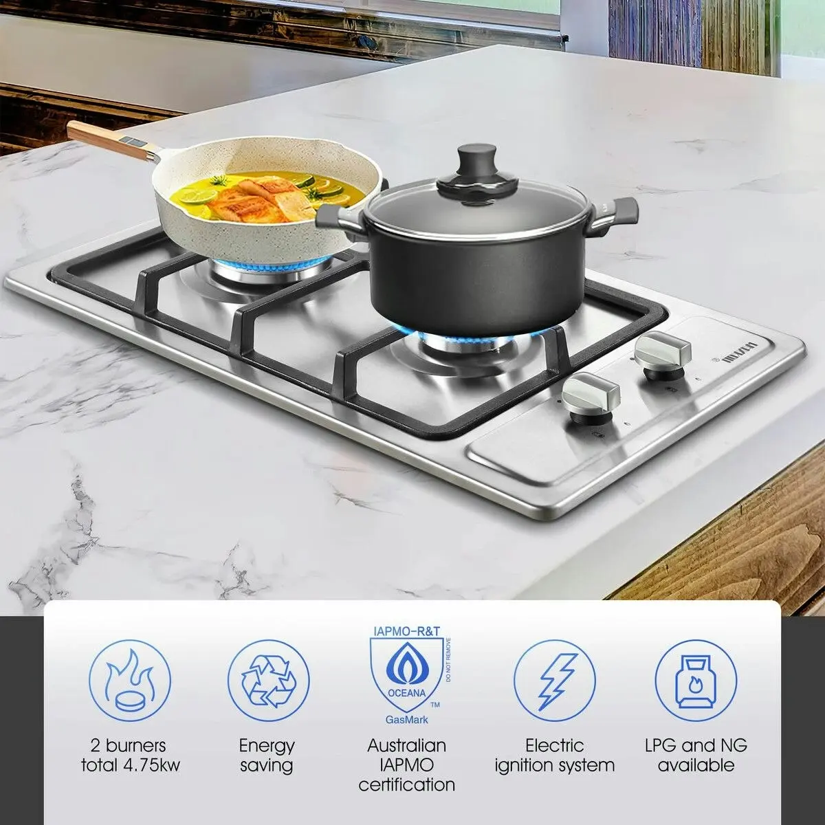 Maxkon Gas Cooktop 2 Burner Stove Hob Cooker Top Knobs 30cm NG LPG Stainless Steel Surface Silver