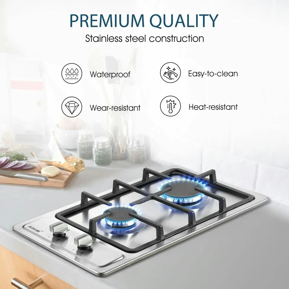 Maxkon Gas Cooktop 2 Burner Stove Hob Cooker Top Knobs 30cm NG LPG Stainless Steel Surface Silver