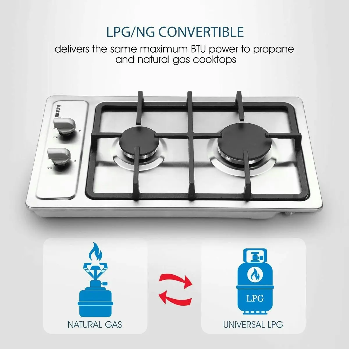 Maxkon Gas Cooktop 2 Burner Stove Hob Cooker Top Knobs 30cm NG LPG Stainless Steel Surface Silver