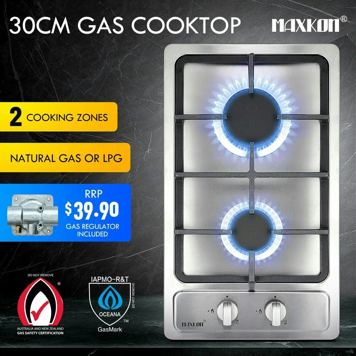 Maxkon Gas Cooktop 2 Burner Stove Hob Cooker Top Knobs 30cm NG LPG Stainless Steel Surface Silver