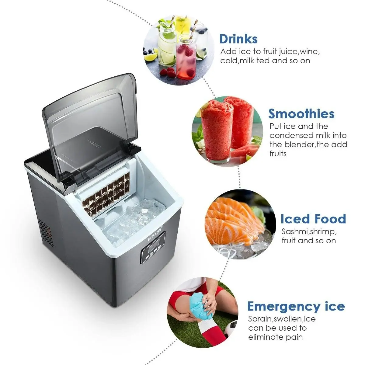 Maxkon  17KG Portable Commercial Ice Maker Machine Stainless Steel Fast Freezer Black