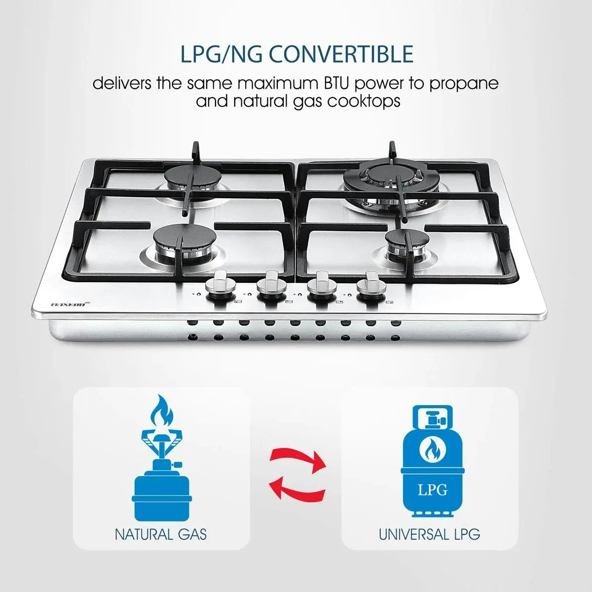 Maxkon  Gas Cooktop 4 Burners Cooker 60cm Stove Cook Tops Hobs Stovetop NG LPG Stainless Steel Surface Knobs