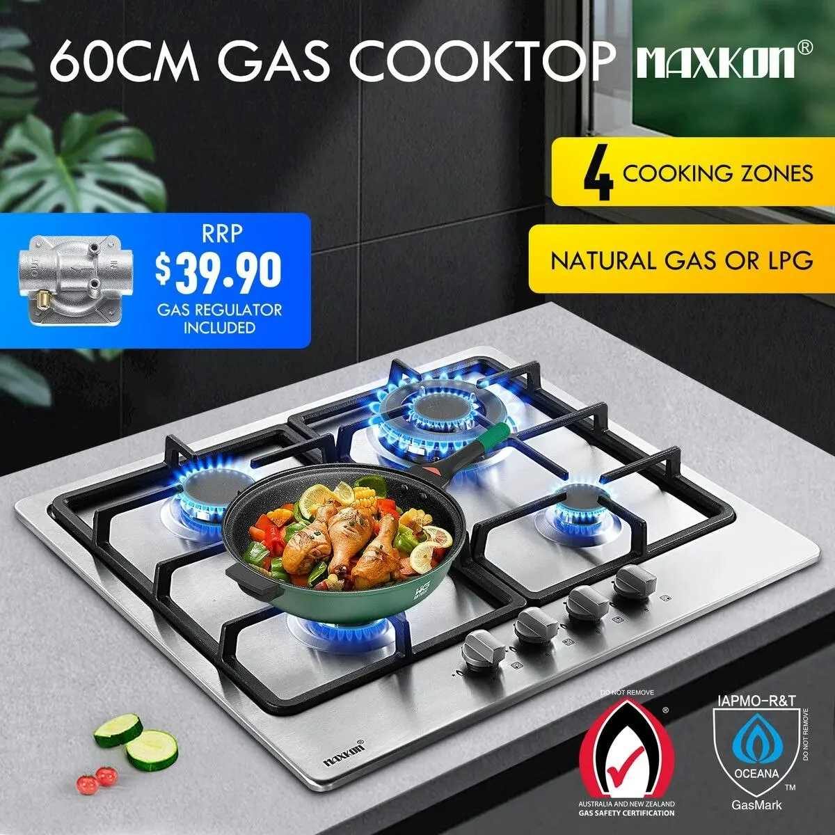 Maxkon  Gas Cooktop 4 Burners Cooker 60cm Stove Cook Tops Hobs Stovetop NG LPG Stainless Steel Surface Knobs