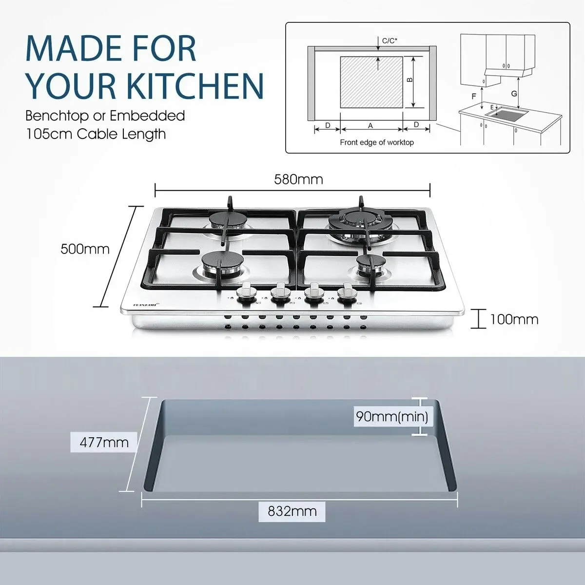 Maxkon  Gas Cooktop 4 Burners Cooker 60cm Stove Cook Tops Hobs Stovetop NG LPG Stainless Steel Surface Knobs