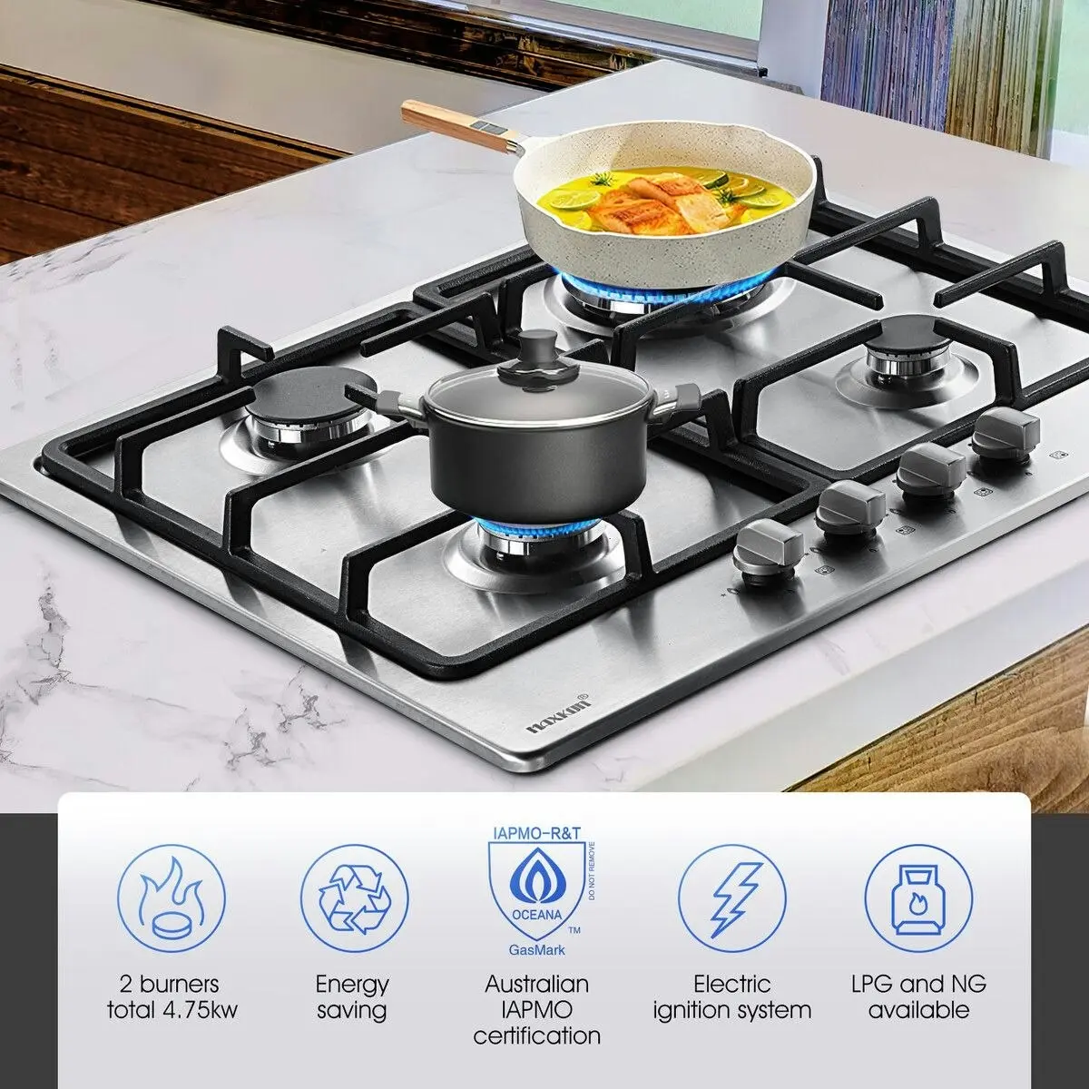 Maxkon  Gas Cooktop 4 Burners Cooker 60cm Stove Cook Tops Hobs Stovetop NG LPG Stainless Steel Surface Knobs