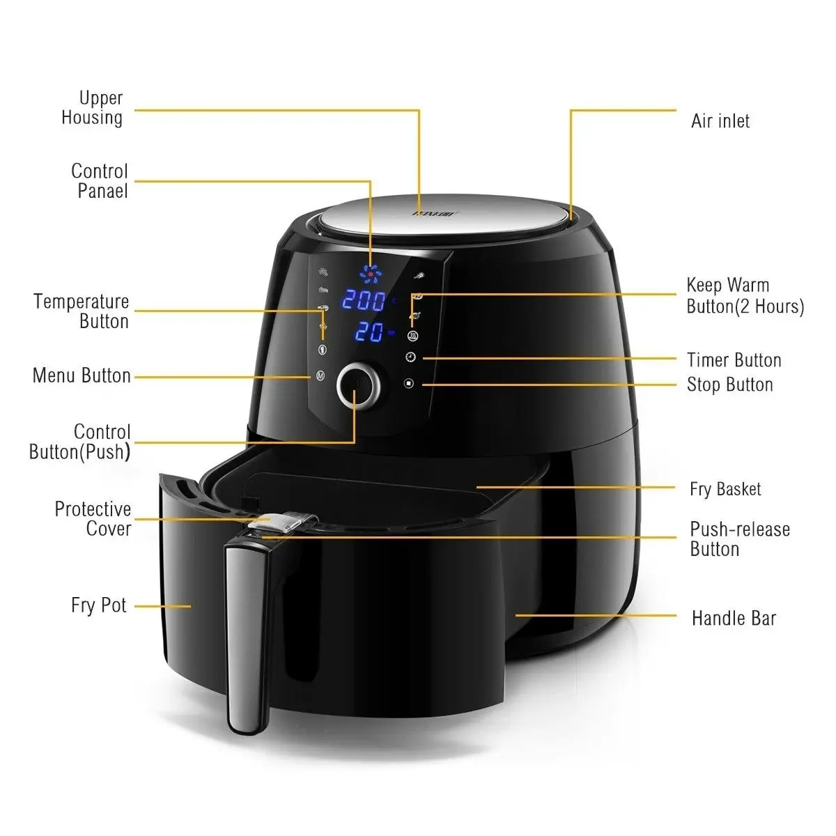 Maxkon  7L Air Fryer Health Cooker Low Oil Air circulation 12 Blades LCD Black With Warm Function