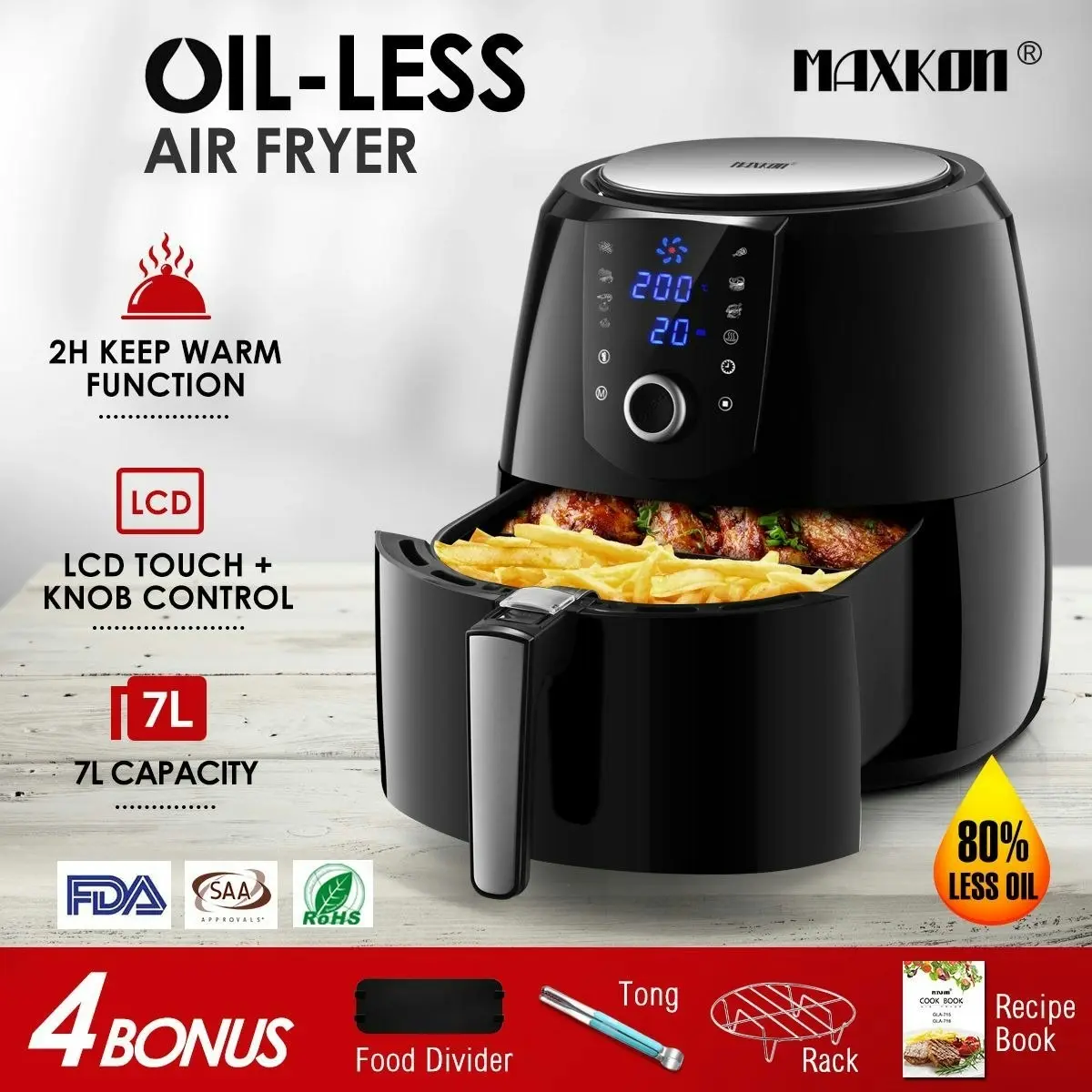 Maxkon  7L Air Fryer Health Cooker Low Oil Air circulation 12 Blades LCD Black With Warm Function