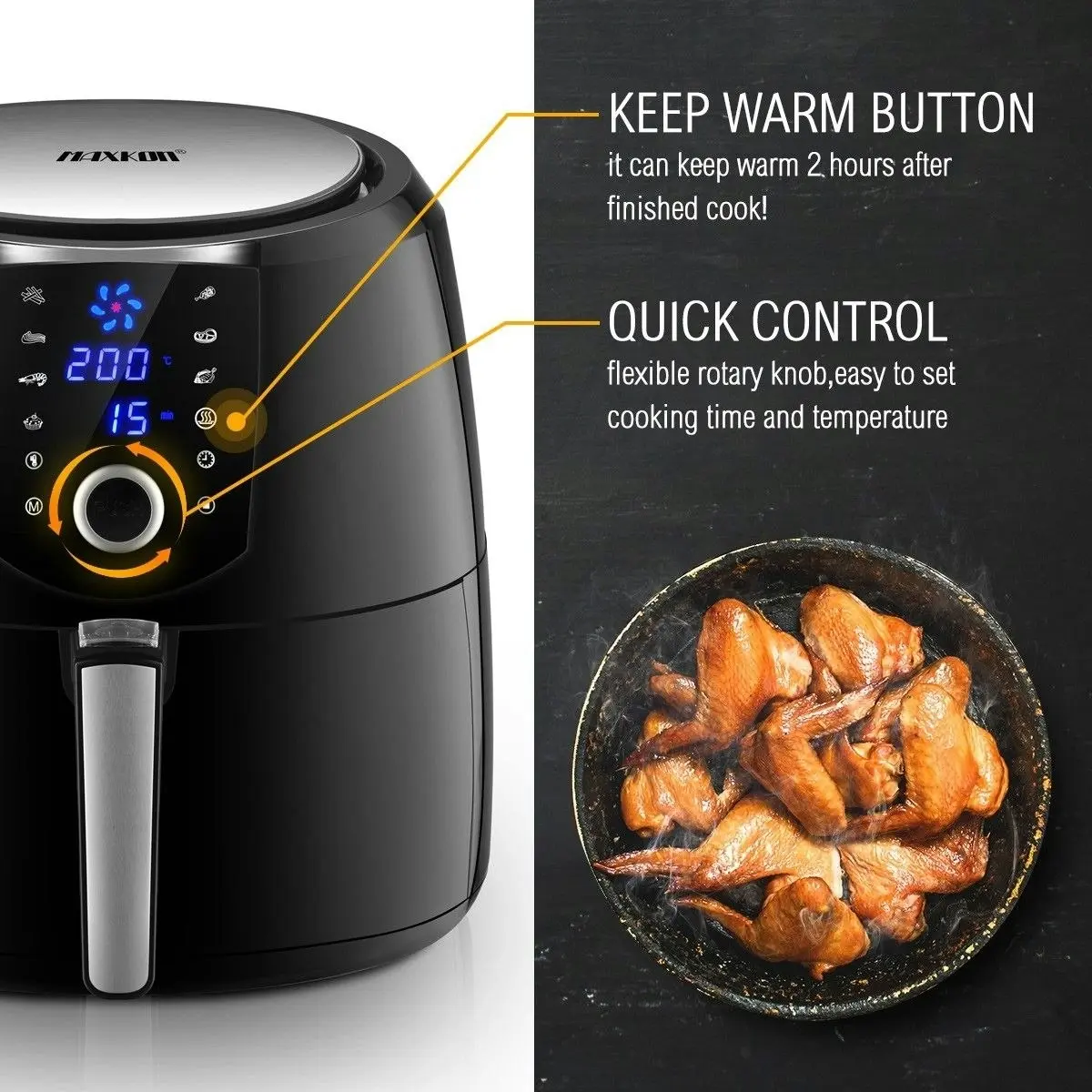 Maxkon  7L Air Fryer Health Cooker Low Oil Air circulation 12 Blades LCD Black With Warm Function