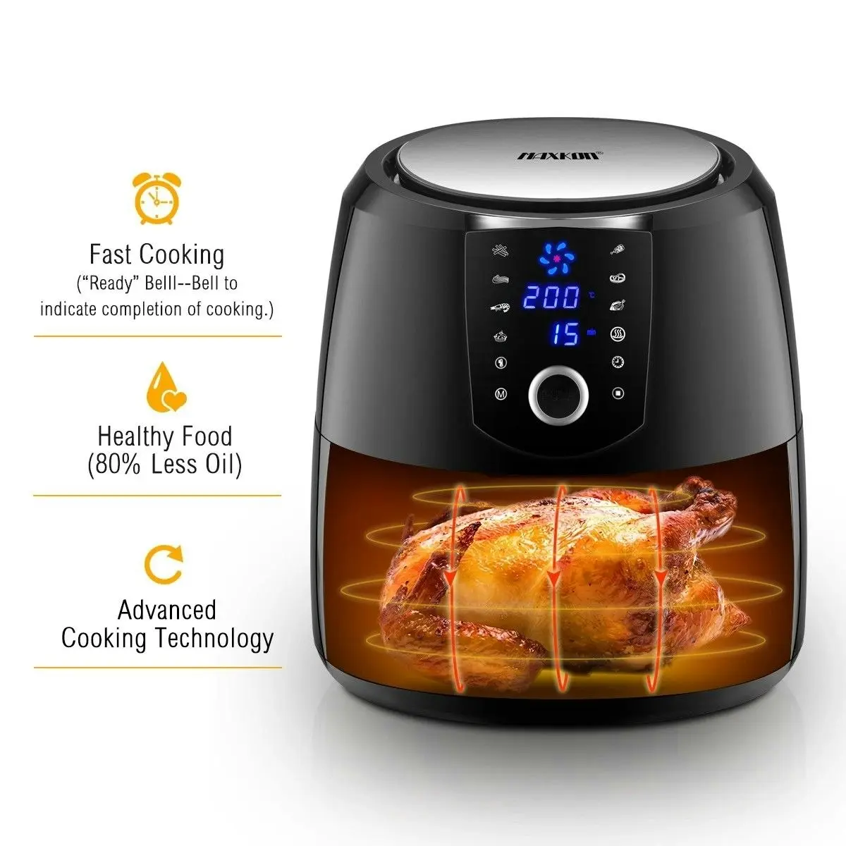 Maxkon  7L Air Fryer Health Cooker Low Oil Air circulation 12 Blades LCD Black With Warm Function