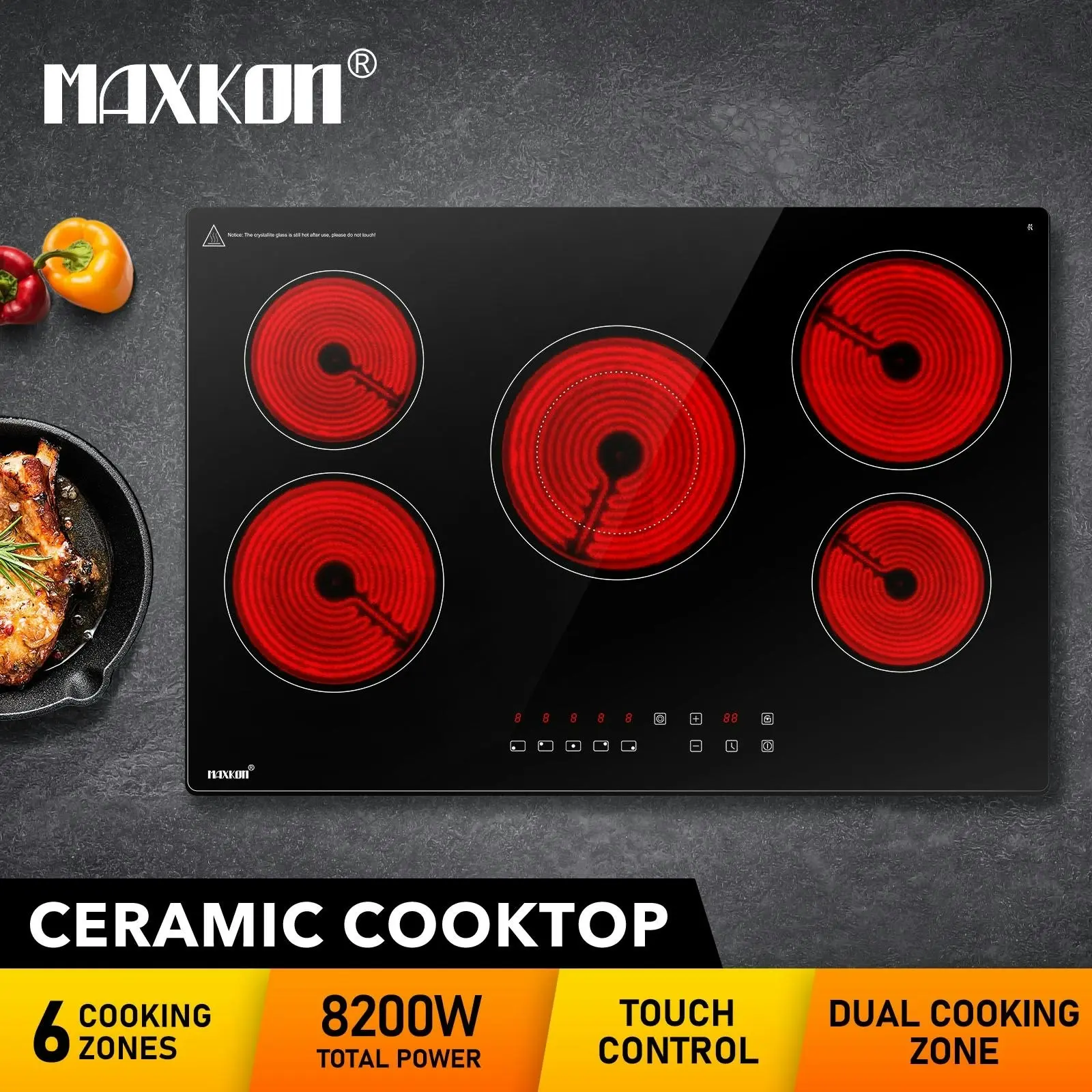 Maxkon Ceramic Cooktop Stove Electric Cooker Hob Glass Top 5 Burners 6 Zones Touch Control Built In