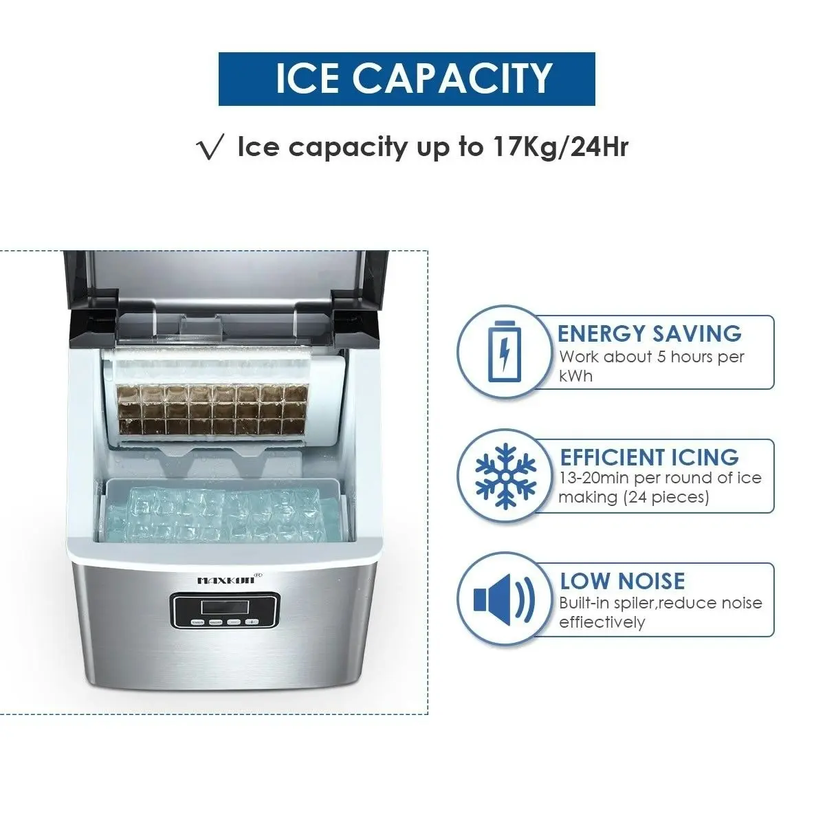 Maxkon  17 Kg Home Ice Maker Machine Stainless Steel Countertop Appliance-Silver