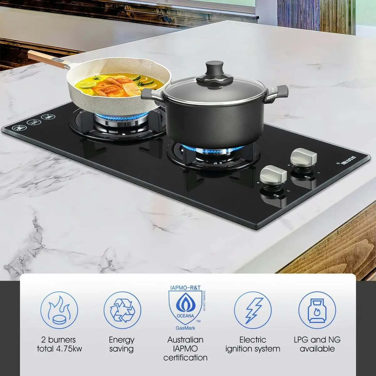 Maxkon 2 Burner Gas Cooktop Cooker Hob Stove Top Knobs 30cm NG LPG Ceramic Glass Surface Black