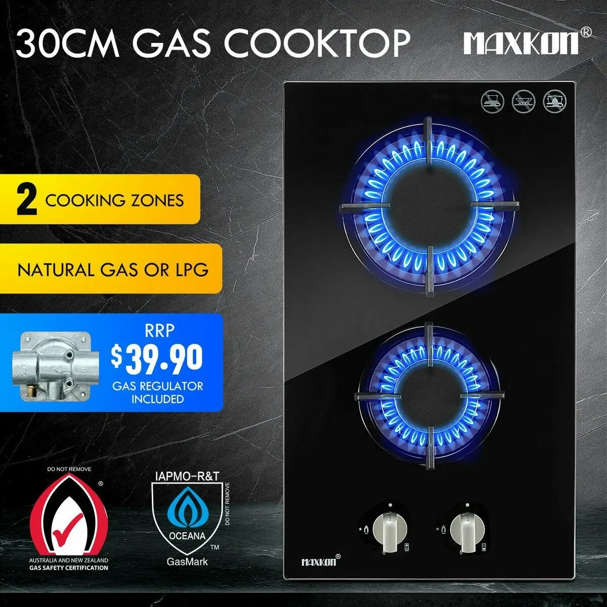 Maxkon 2 Burner Gas Cooktop Cooker Hob Stove Top Knobs 30cm NG LPG Ceramic Glass Surface Black