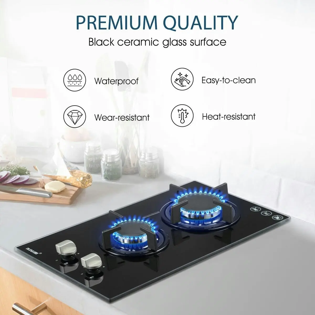 Maxkon 2 Burner Gas Cooktop Cooker Hob Stove Top Knobs 30cm NG LPG Ceramic Glass Surface Black