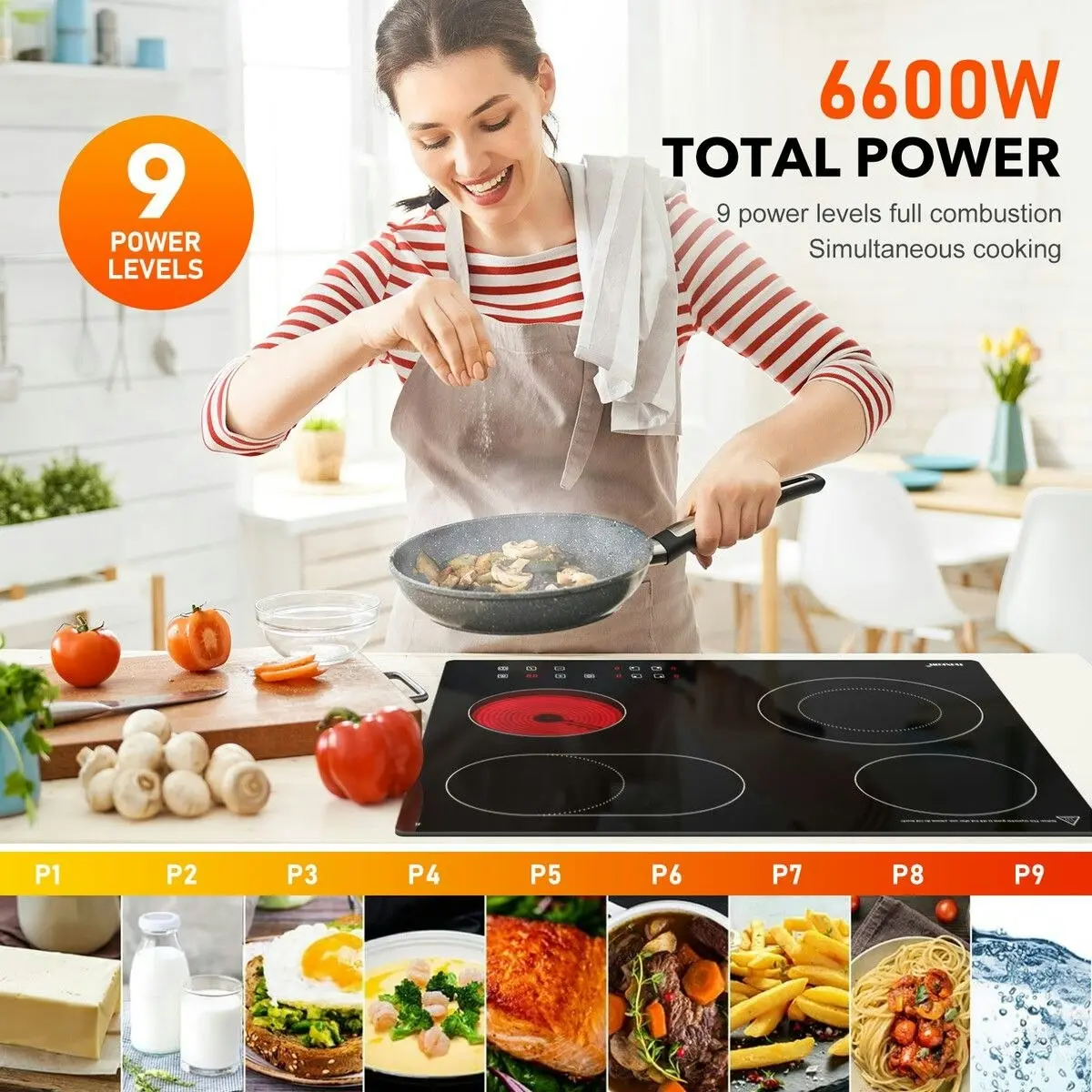 Maxkon Ceramic Cooktop Stove Electric Cooktop Hob Cooker Glass Top 4 Burners 6 Zones 60cm Touch Control Built In