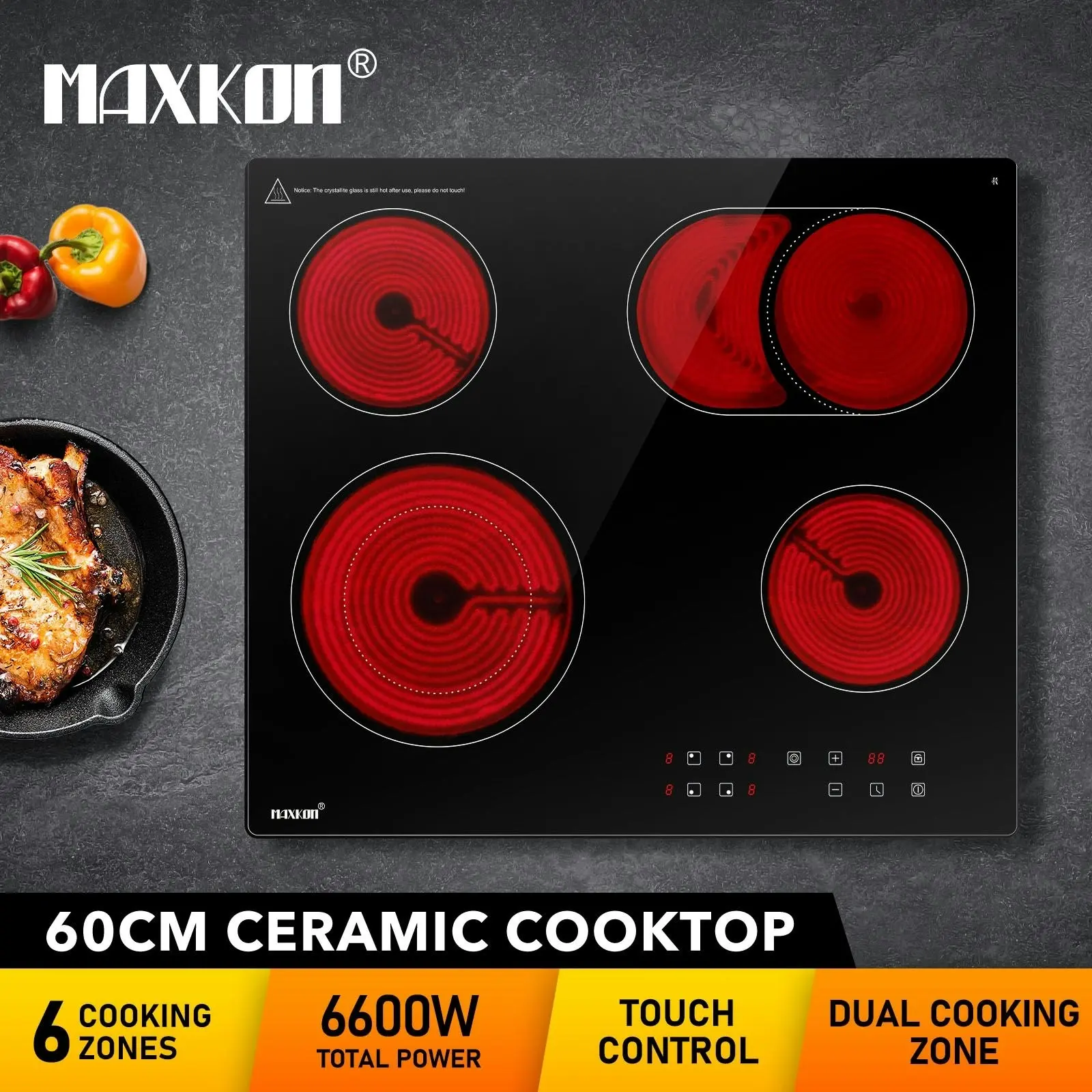 Maxkon Ceramic Cooktop Stove Electric Cooktop Hob Cooker Glass Top 4 Burners 6 Zones 60cm Touch Control Built In