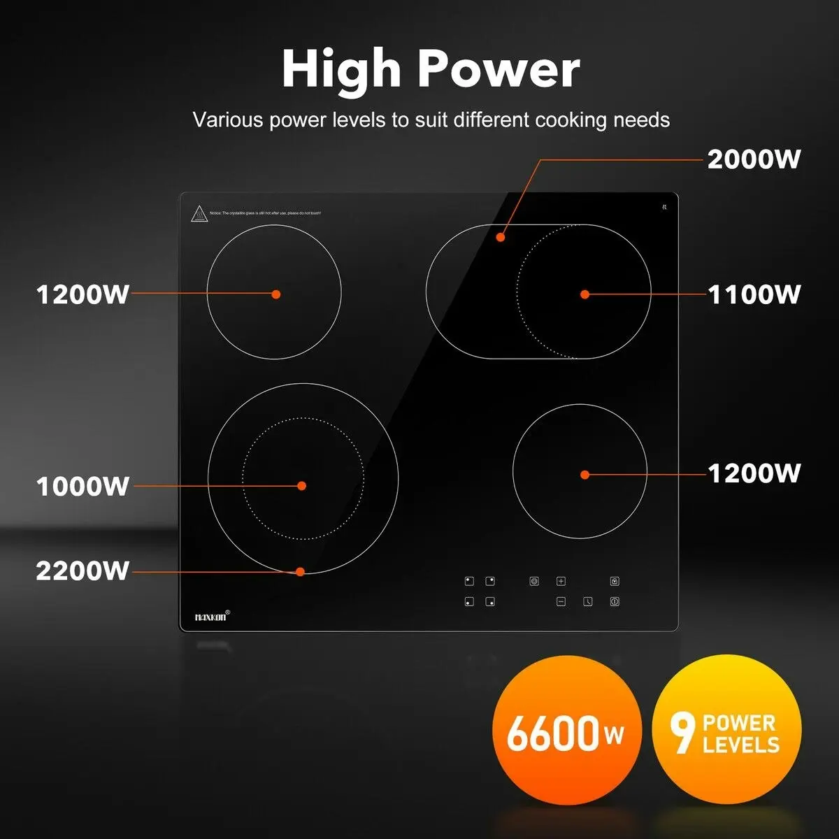 Maxkon Ceramic Cooktop Stove Electric Cooktop Hob Cooker Glass Top 4 Burners 6 Zones 60cm Touch Control Built In