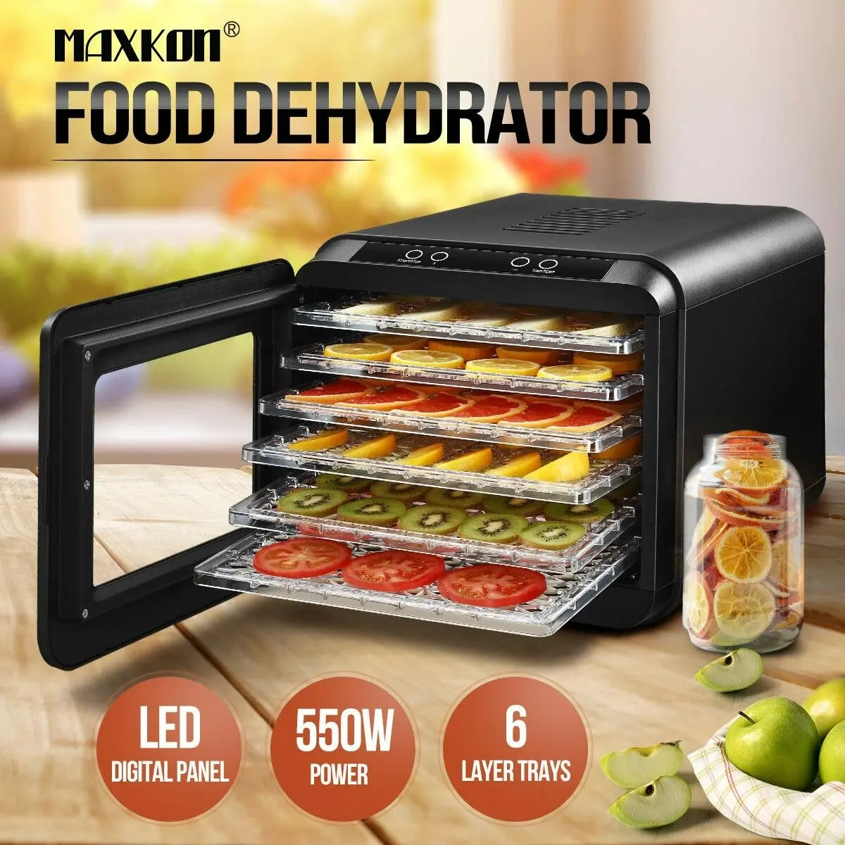 Maxkon  Food Dehydrator Fruit Vegetable Meat Dryer Maker Machine 6 Trays and Timer