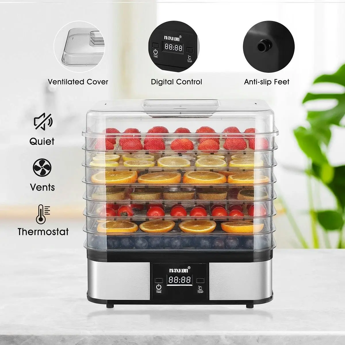 Maxkon Digital Food Dehydrator Fruit Meat Vegetable Dryer Beef Jerky Maker with 7 Trays