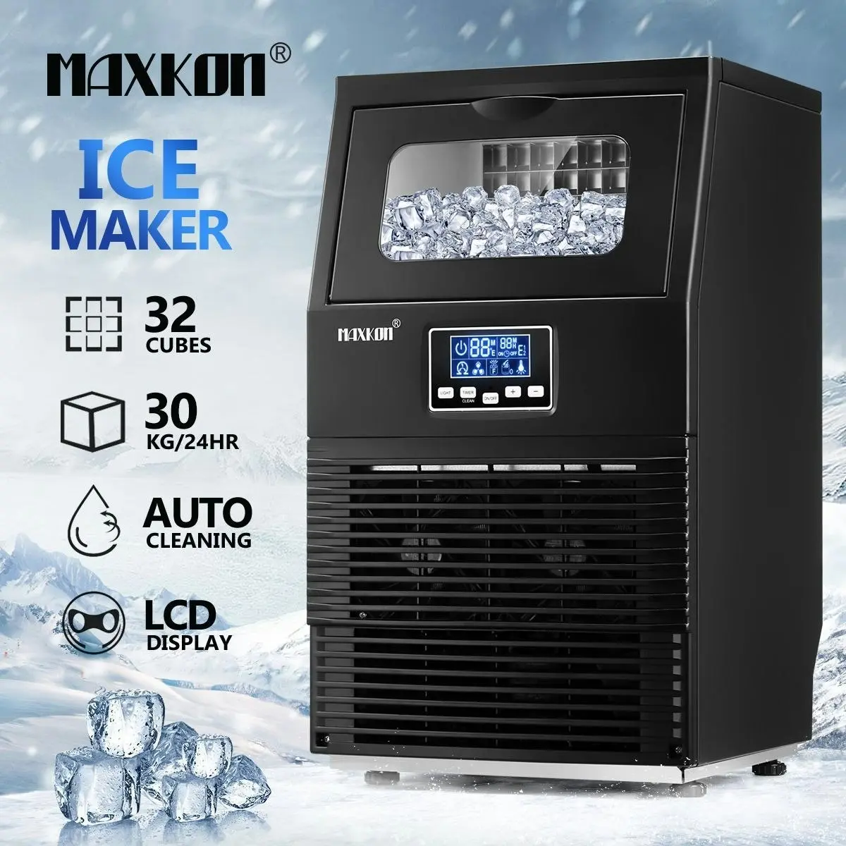 Maxkon  Ice Maker Auto Cleaning With LCD Display Home and Commercial Ice Cube Maker Machine