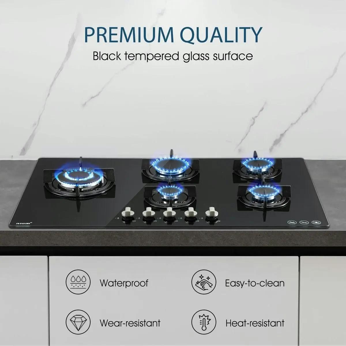 Maxkon 90cm Gas Cooktop 5 Burner Stove Hob Cooker Top Knobs NG LPG Glass Surface Black