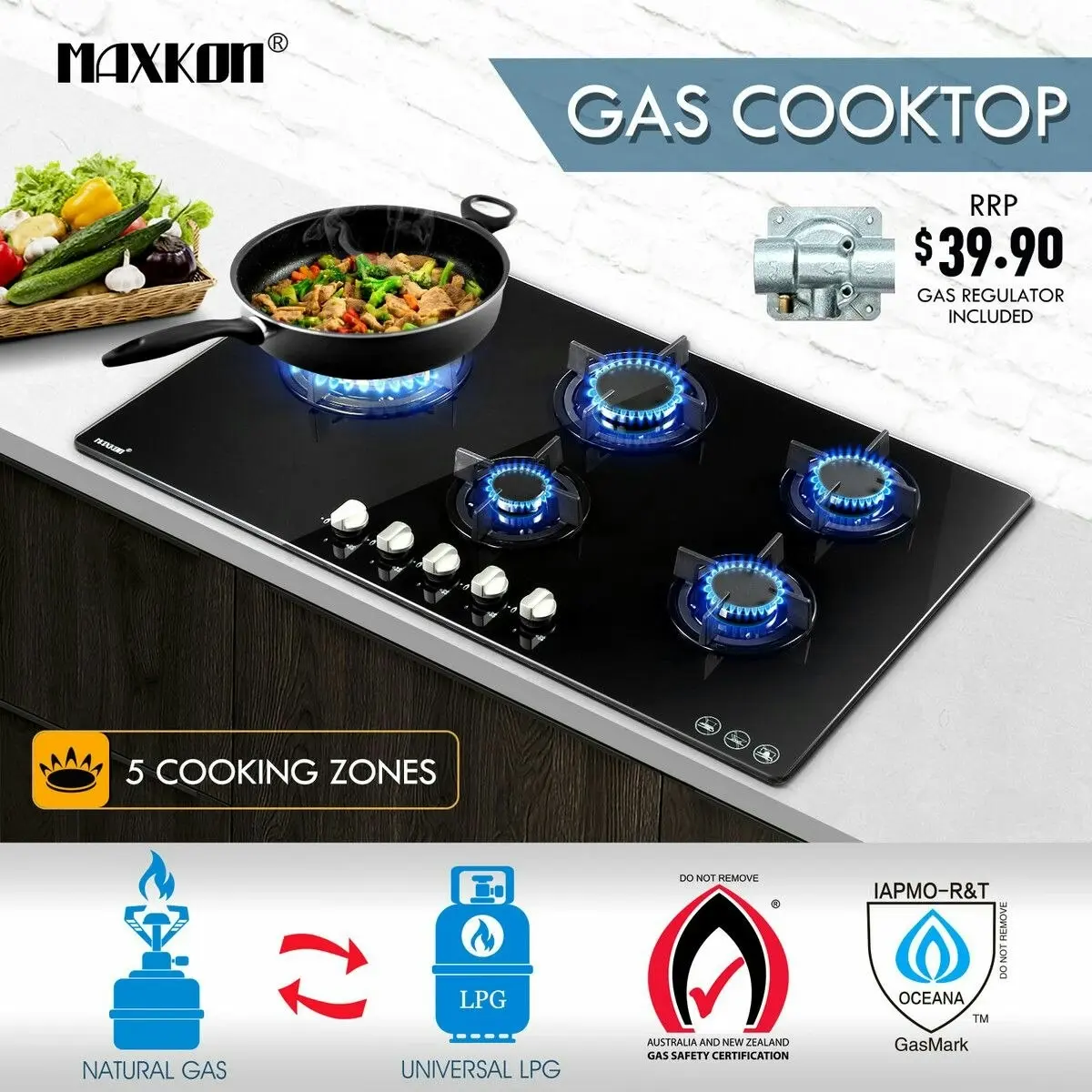 Maxkon 90cm Gas Cooktop 5 Burner Stove Hob Cooker Top Knobs NG LPG Glass Surface Black