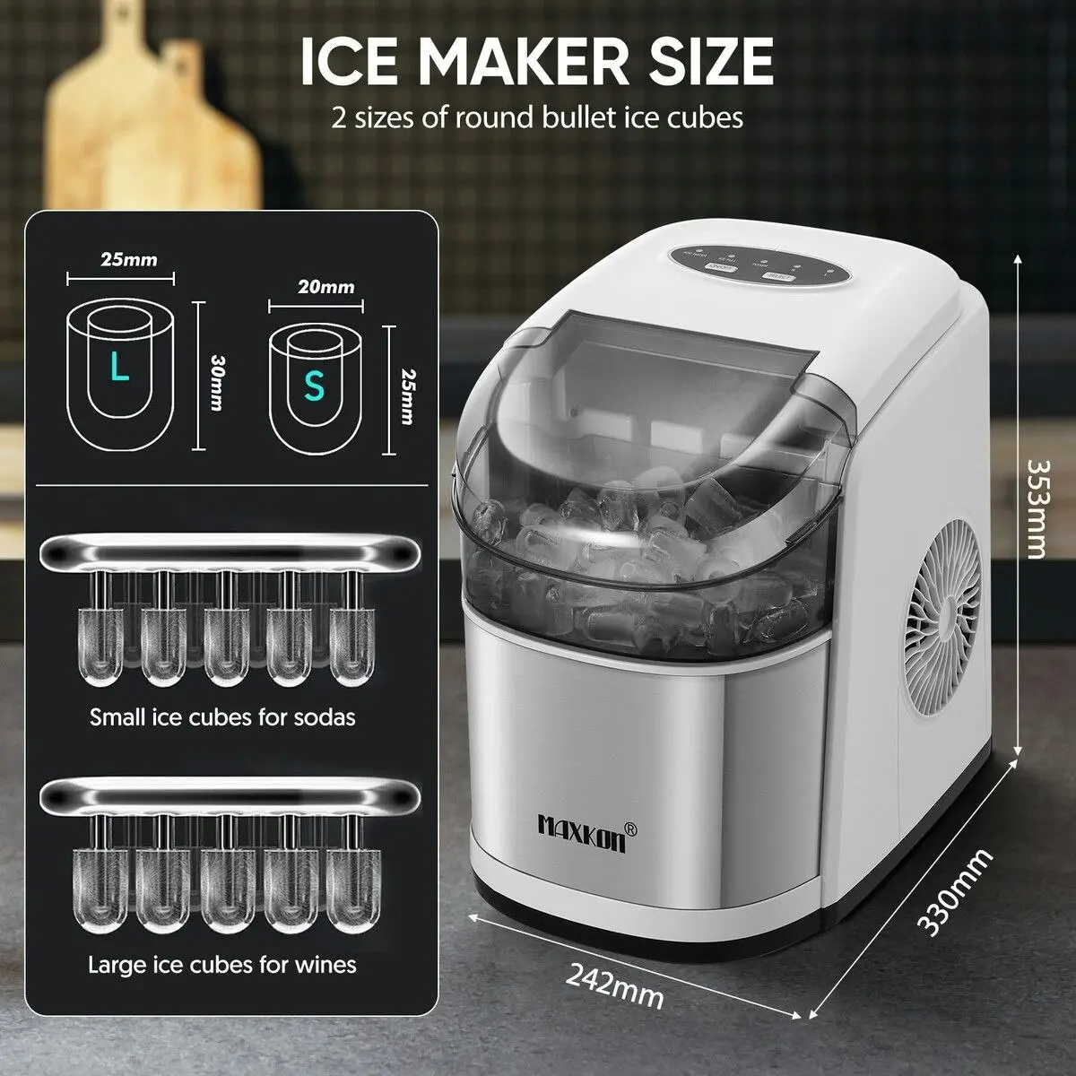 Maxkon 12KG Ice Maker Machine Bullet Shaped Cube Making Countertop Home Commercial Automatic Quiet