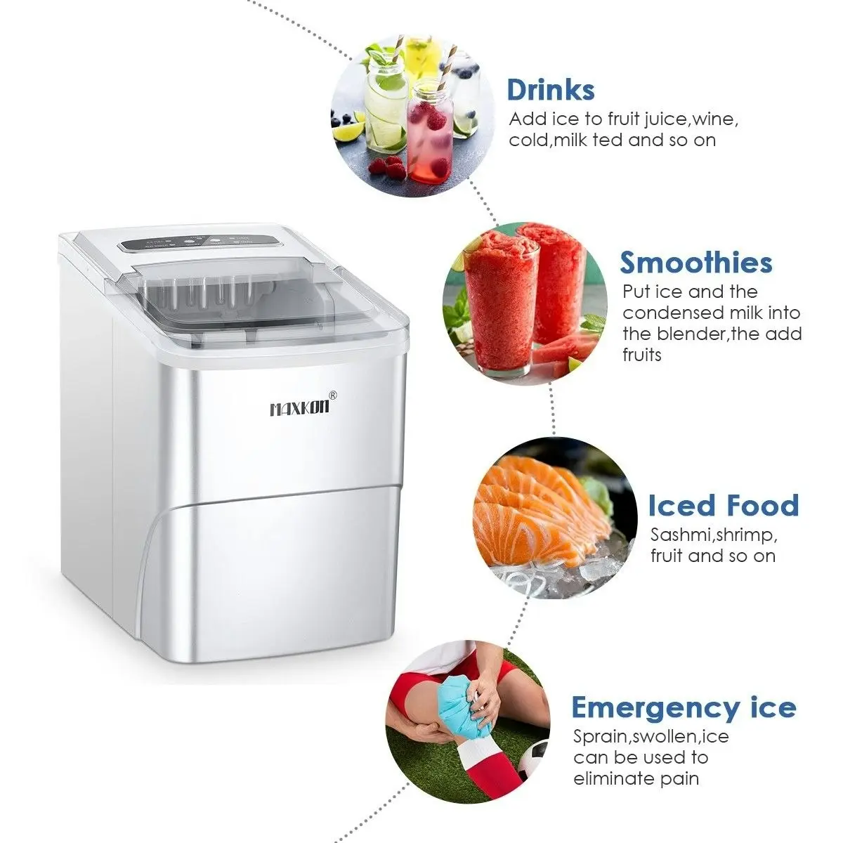 Maxkon  Ice Maker Ice Cube Machine 12KG Ice Capacity Silver