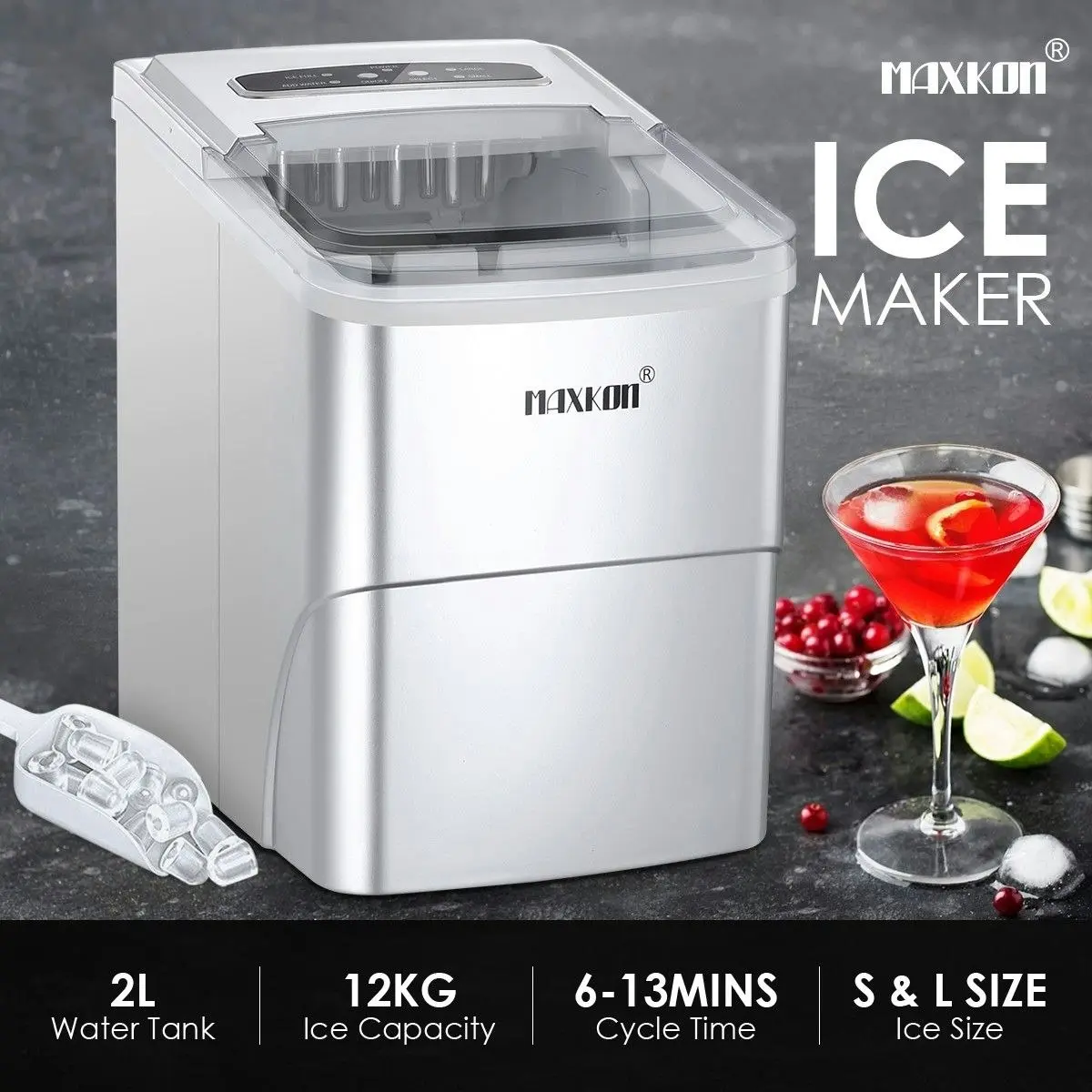 Maxkon  Ice Maker Ice Cube Machine 12KG Ice Capacity Silver