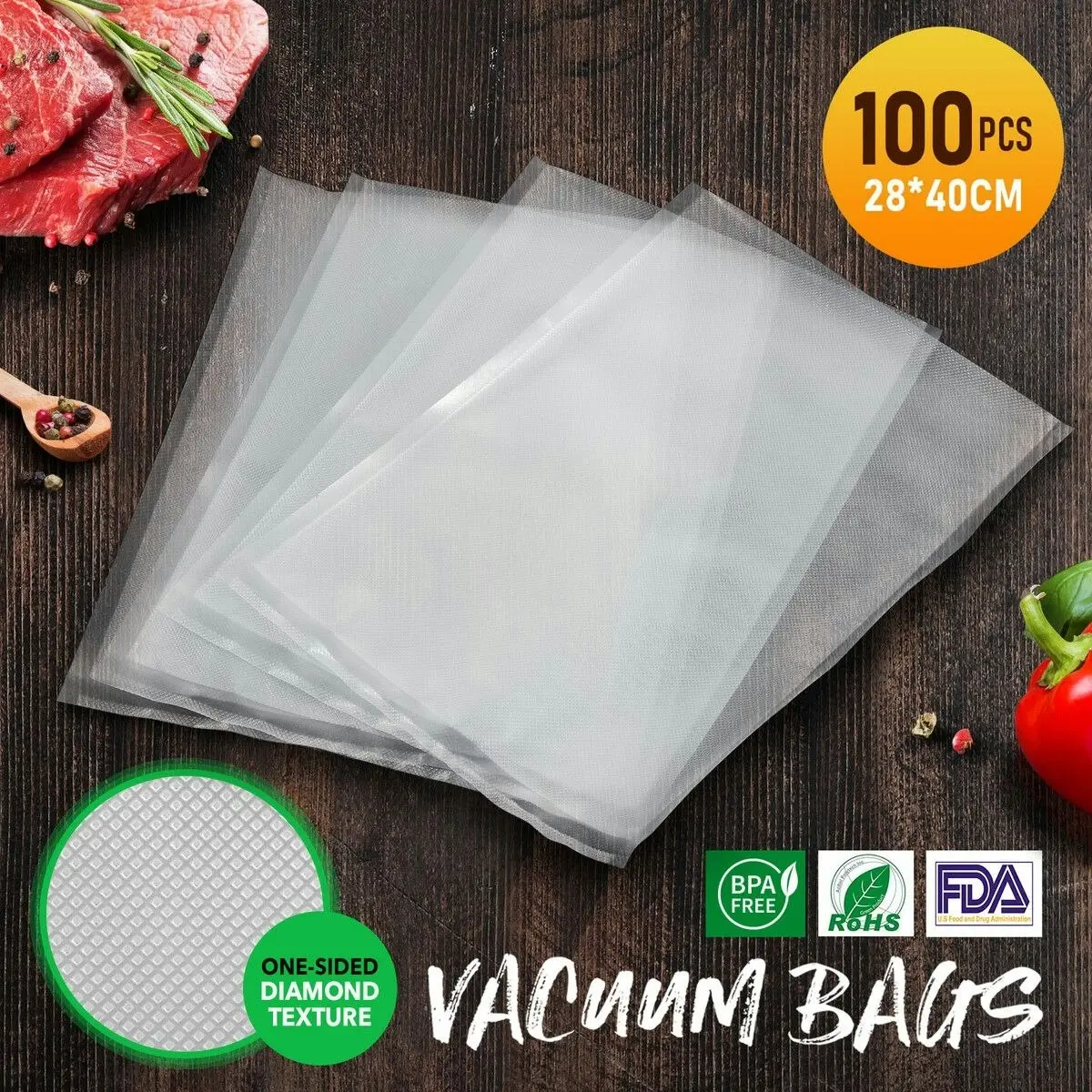 Ausway Vacuum Sealer Bags Food Storage Saver Plastic Reusable Precut 100PCS with Diamond Texture 28x40cm