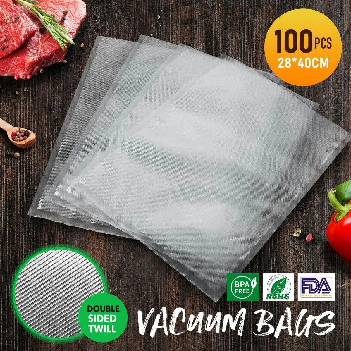 Ausway Vacuum Sealer Bags Food Storage Saver Reusable Plastic Precut 100PCS with Double Sided Twill Pattern 28x40cm