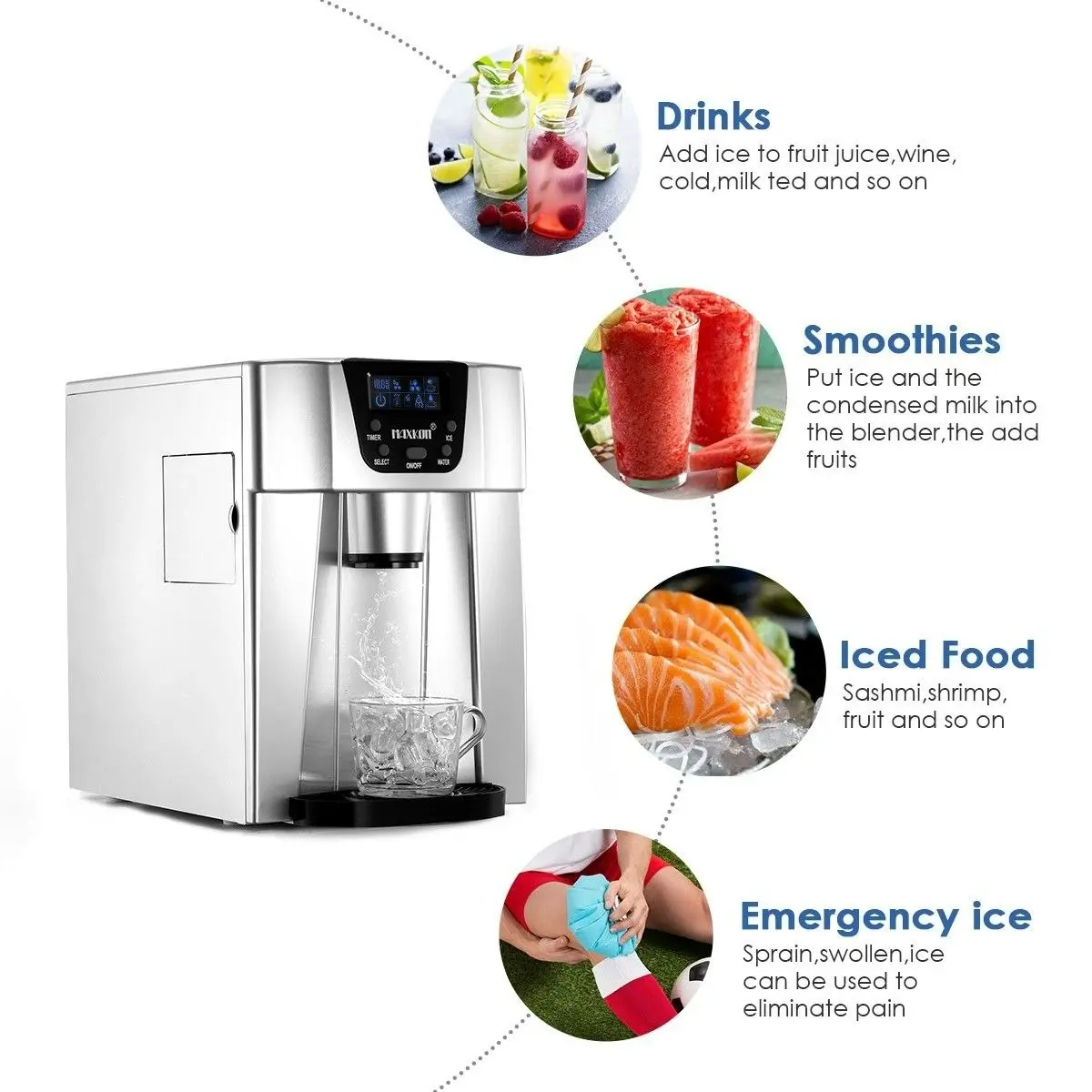 Maxkon  Portable Ice Maker Machine Water Dispenser Home & Commercial Use Silver