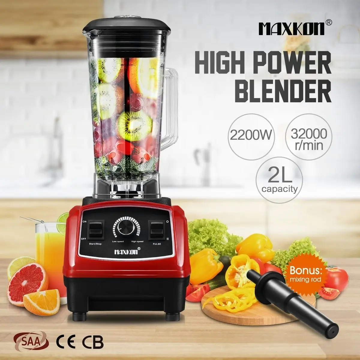 Maxkon Commercial High Speed Blender Smoothie Maker Food Mixers Juicer 2L Red