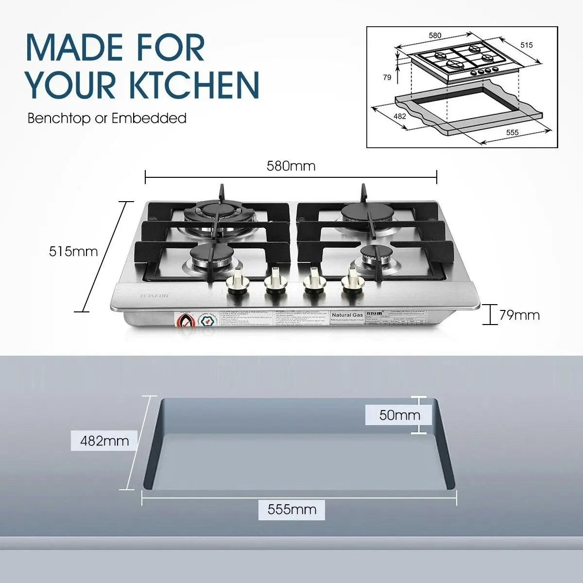 Maxkon 4 Burner Gas Cooktop Hob Stainless Steel Kitchen Gas Stove NG LPG