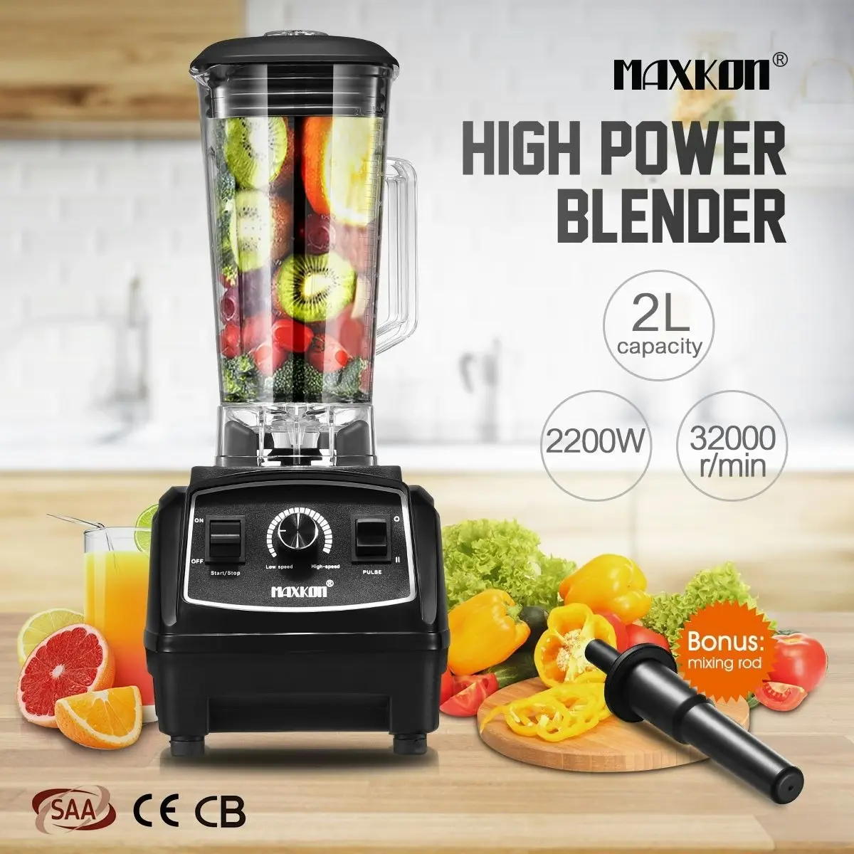 Maxkon Commercial High Speed Blender Smoothie Maker Food Mixers Juicer 2L Black