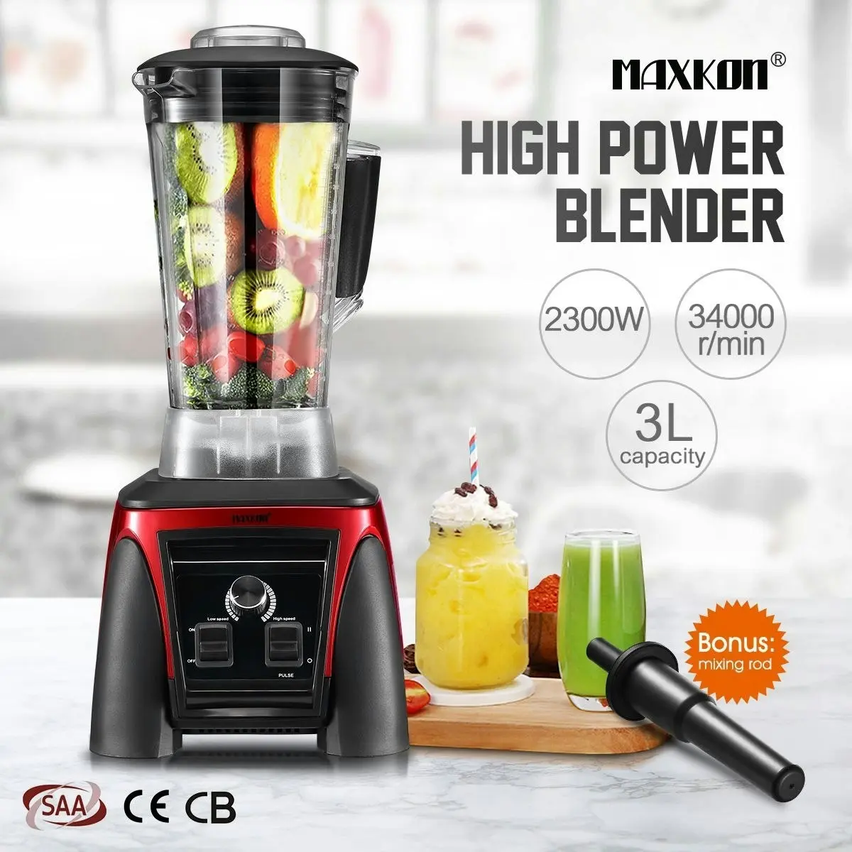 Maxkon 3L HIgh Power Blender Commercial Food Processor Mixer Smoothie Maker Juicer