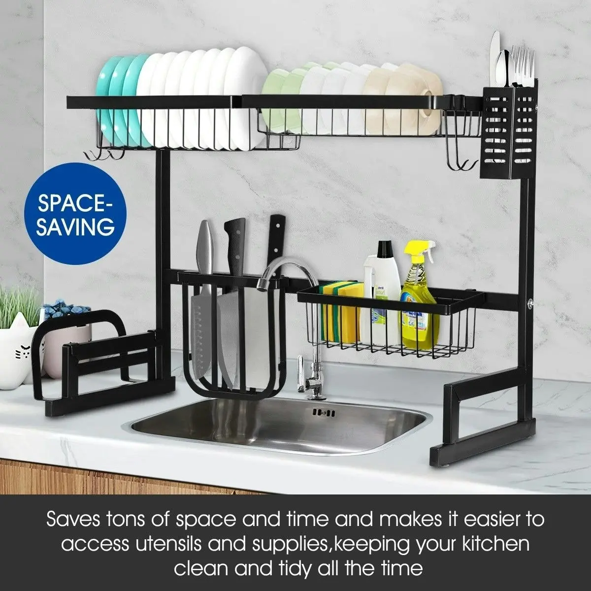 Ausway Large Kitchen Dish Rack Over the Sink Dish Drying Rack Stainless Steel with Utensil Holders