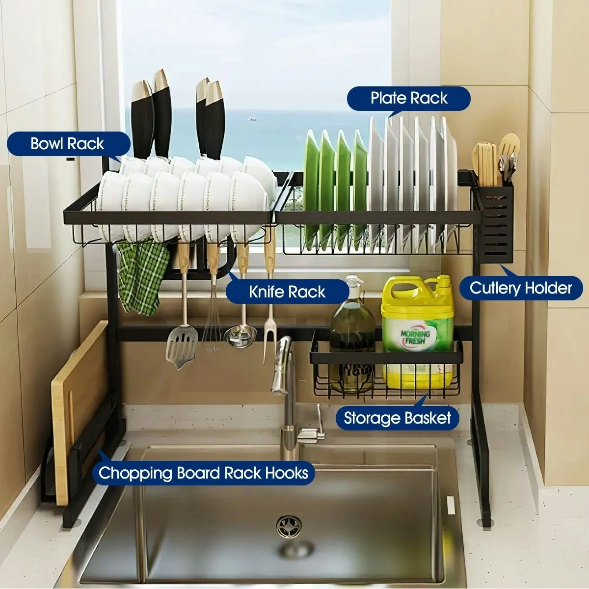 Ausway Large Kitchen Dish Rack Over the Sink Dish Drying Rack Stainless Steel with Utensil Holders