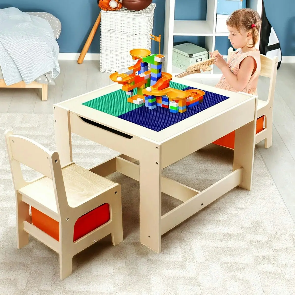 Kidbot  Kids Lego Table and Chair Set Wooden Childrens Multifunctional Desk Activity Play Centre Baseplate Chalkboard